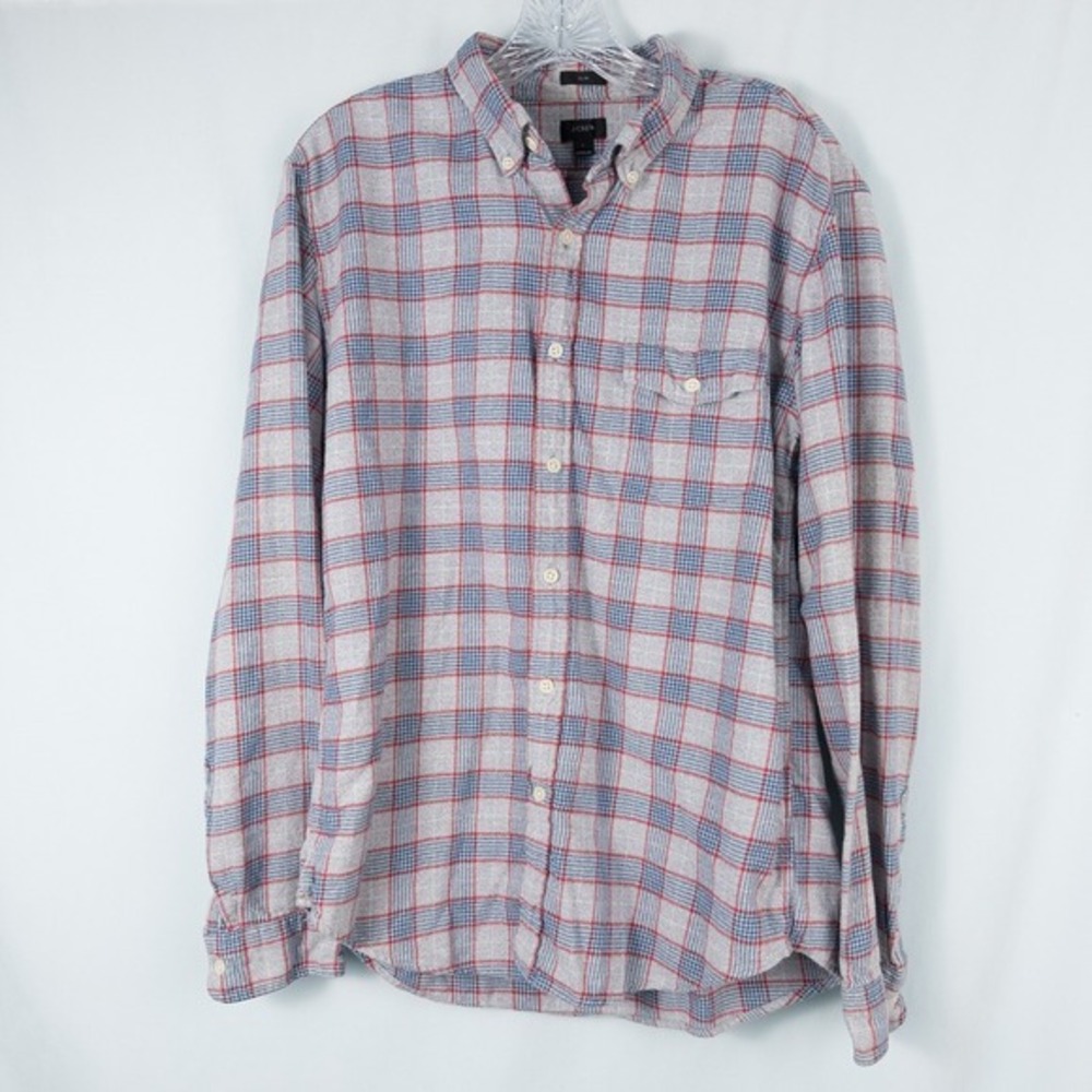 J Crew Slim Fit Cotton Plaid Flannel Button Down Shirt Mens Large Gray Blue Red‎
